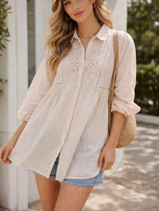 ZARA Embroidered Eyelet Blouse Size L Cream Boho Peasant Top Button Front Tunic - Picture 1 of 14